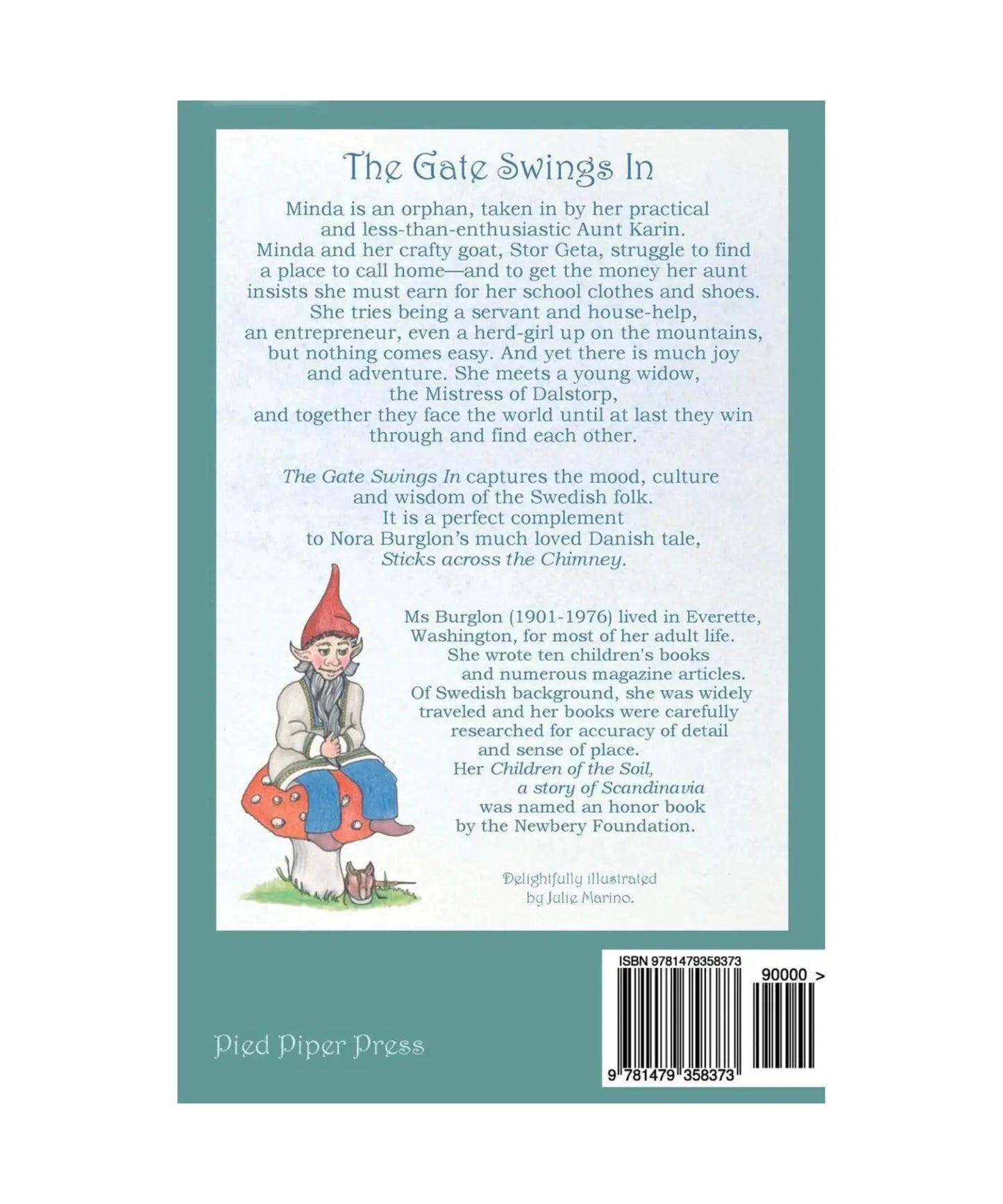 Book back cover with text and illustration of a gnome on a white background