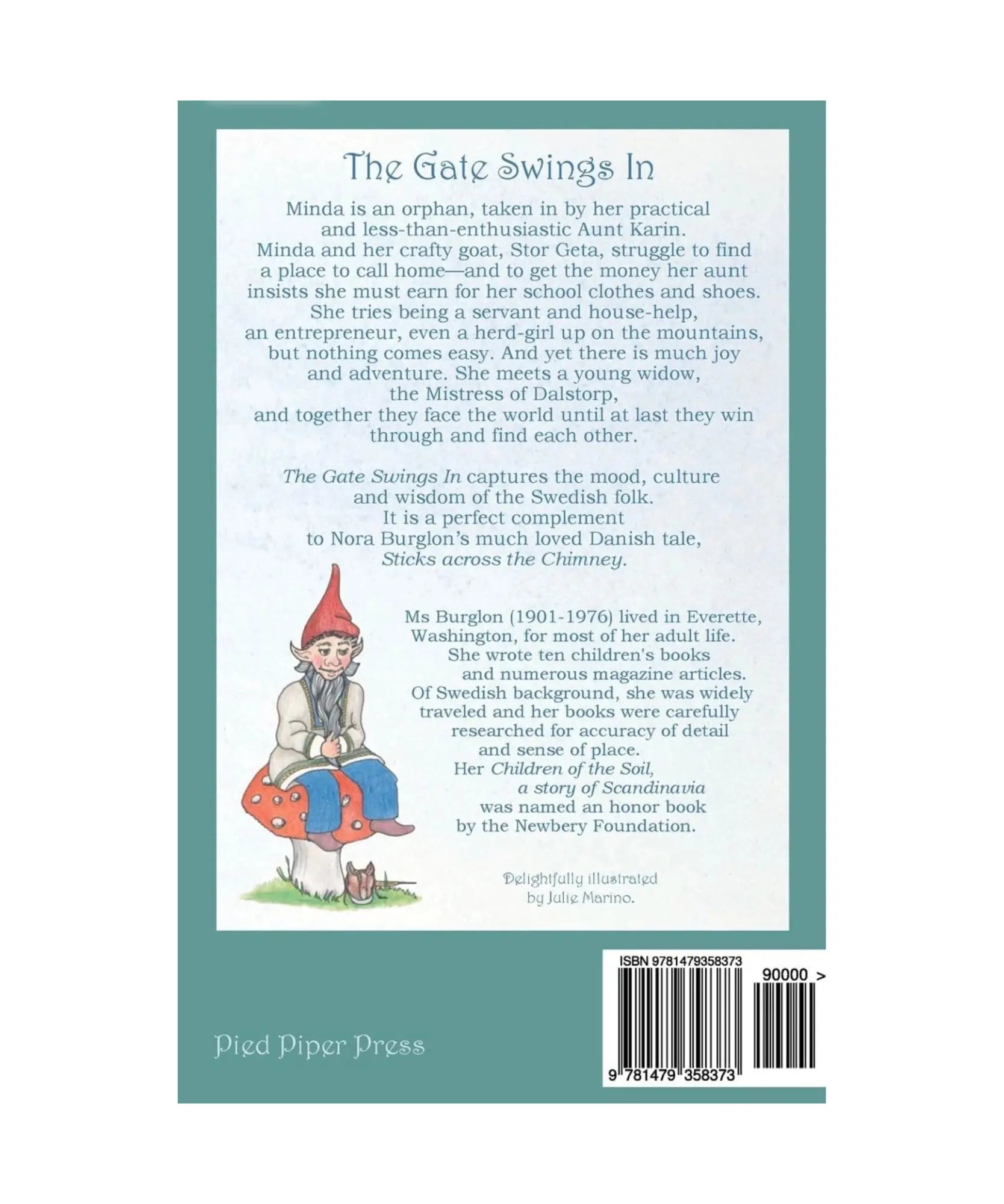 Book back cover with text and illustration of a gnome on a white background