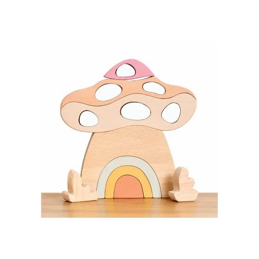 Waldorf wooden toy mushroom house with rainbow arch