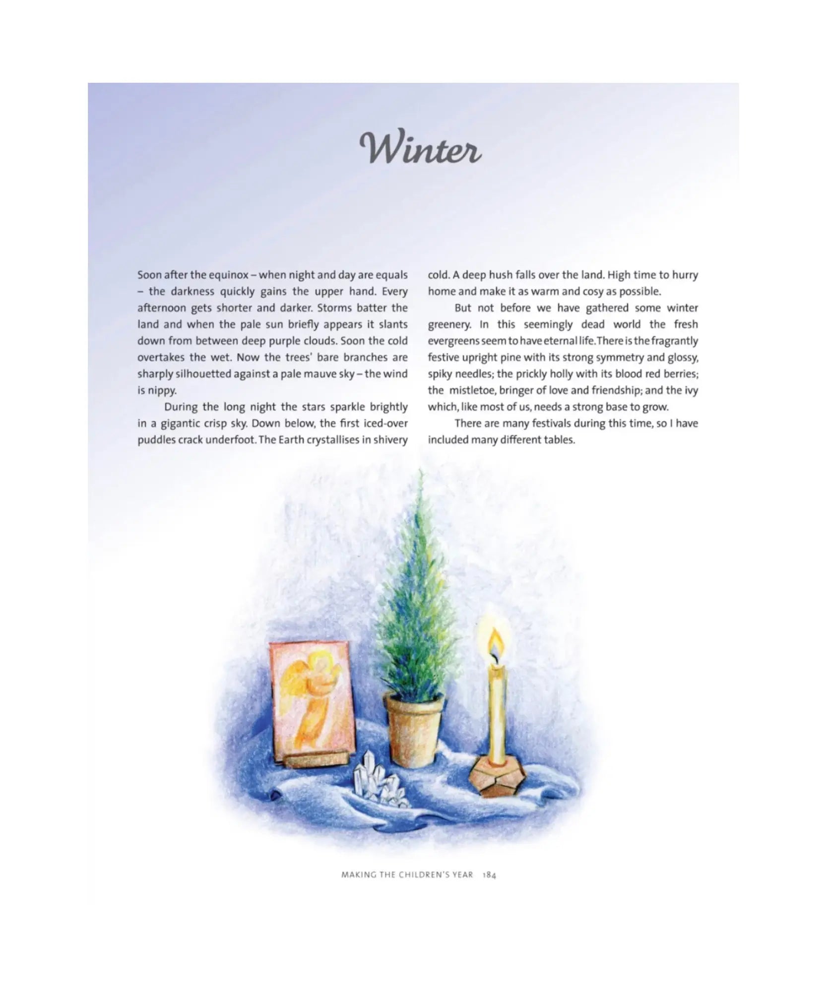 Page from a book or magazine featuring winter-themed illustrations with candles and a plant, accompanied by text.