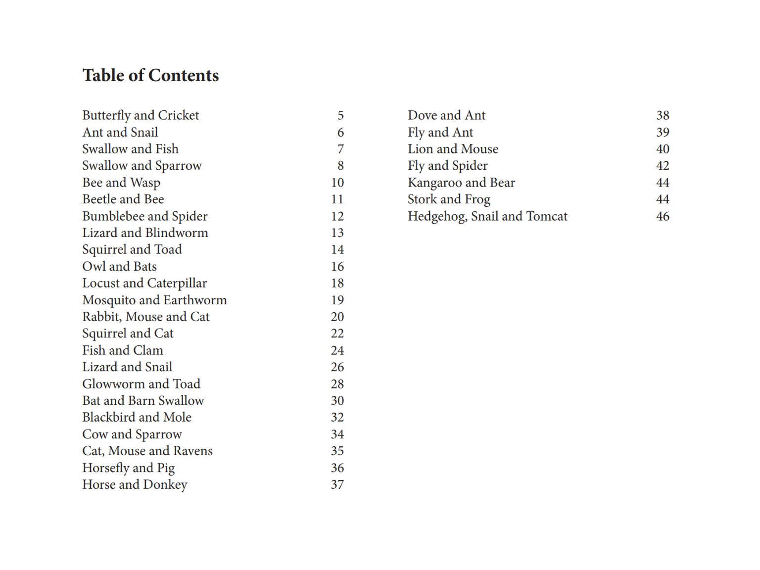 What Animals Say to Each Other nature fables in rhyme Table of Contents by Jakob Streit