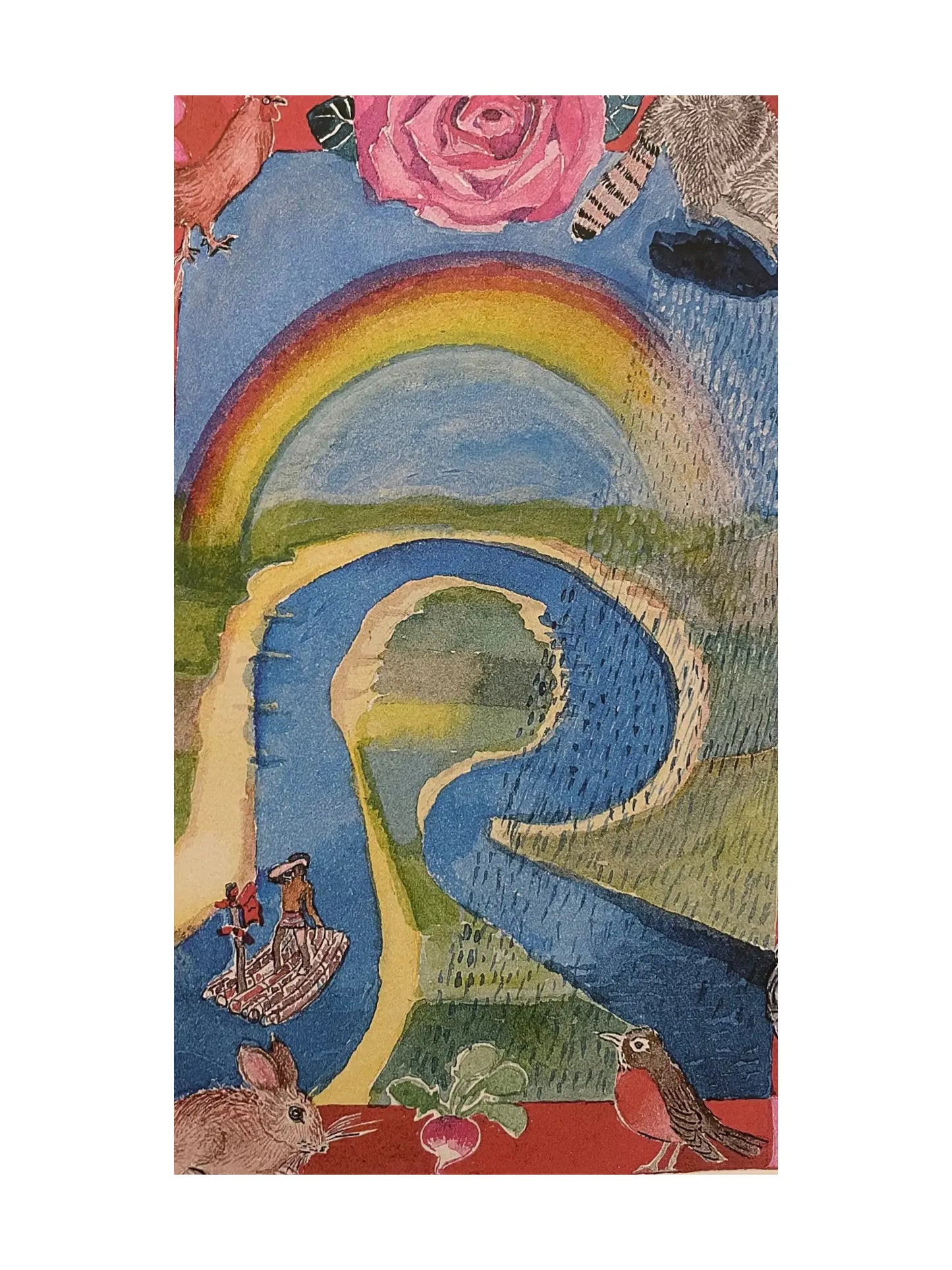 illustration of a river in the shape of R with a rainbow, rabbit, robin, radish, and people on a raft