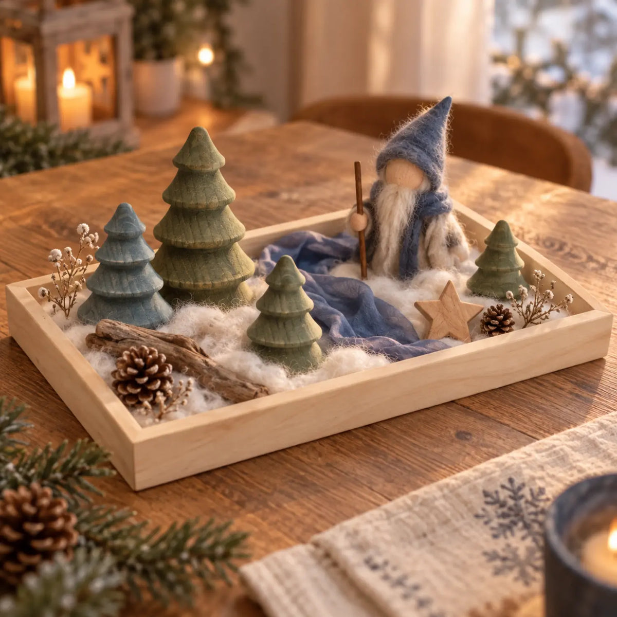Waldorf-inspired winter seasonal table tray with stained wooden evergreen trees, wool figure, pinecones, branches, and soft wool