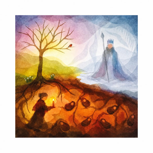 Waldorf Mother Earth and King Winter Toverlux lamp plate with a winter to spring seasonal theme