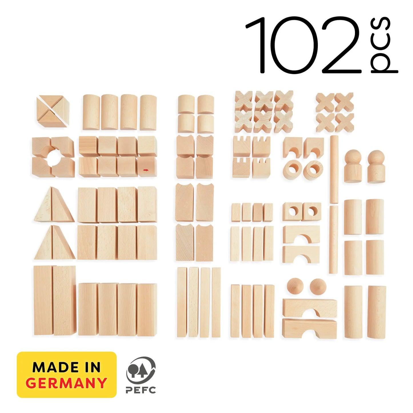 Set of wooden building blocks with '102 pcs' label and 'Made in Germany' badge on a white background