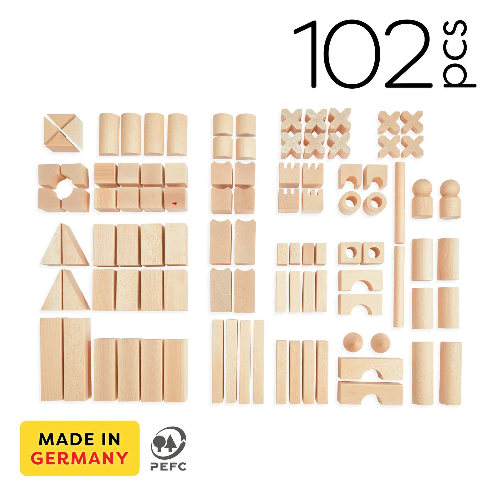 Set of wooden building blocks with '102 pcs' label and 'Made in Germany' badge on a white background