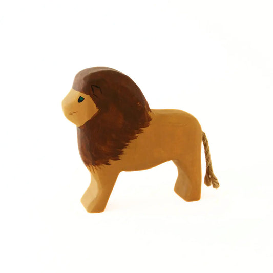 Wooden lion toy for open ended play on a white background