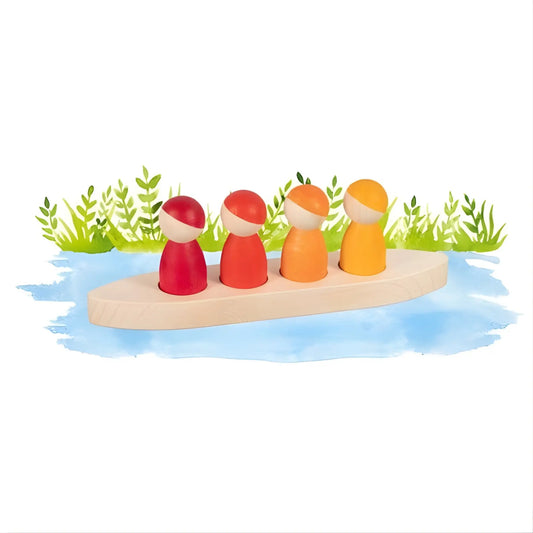 Four wooden goki peg dolls in red, vermilion, orange, and yellow in a natural boat. 