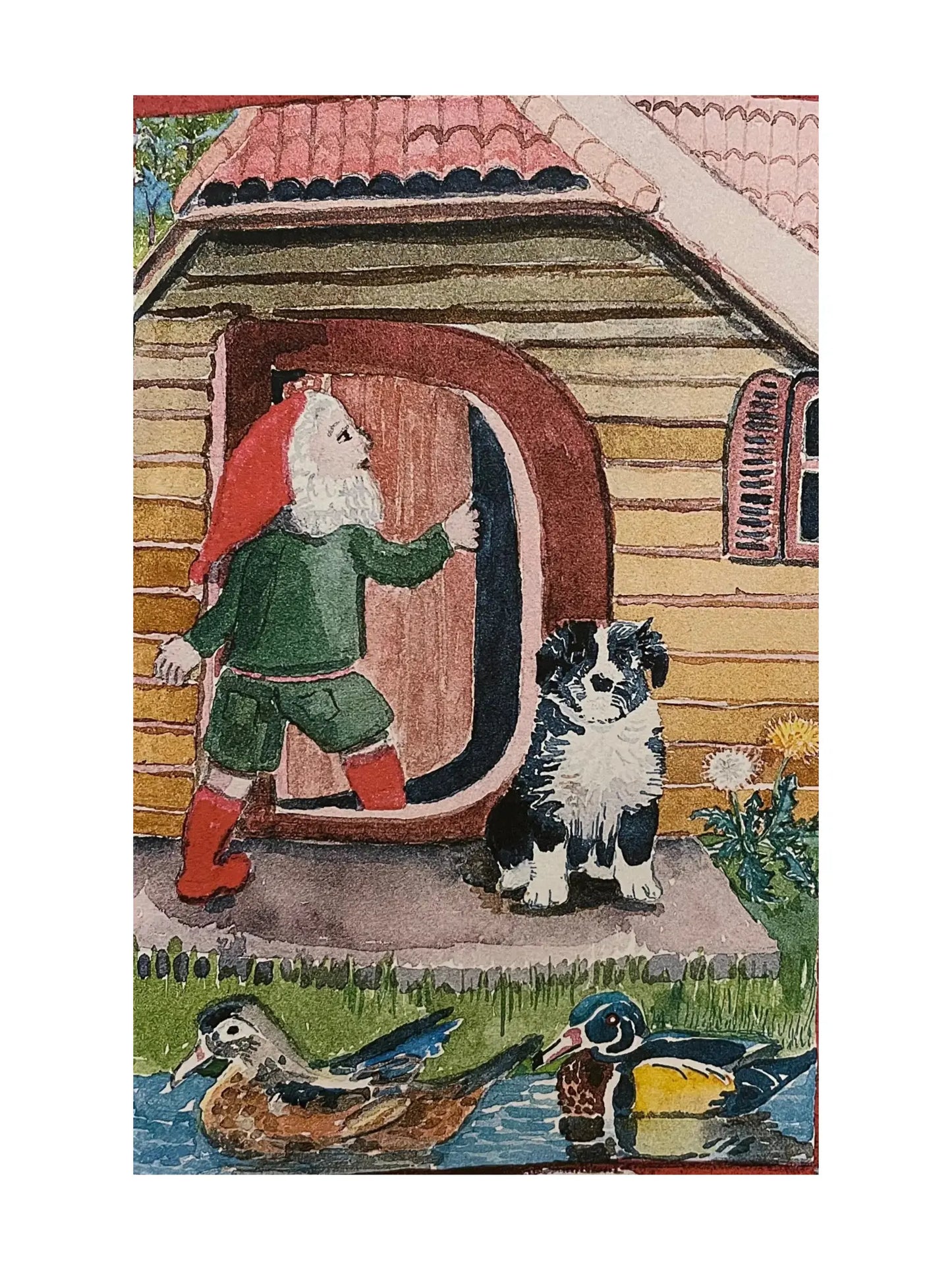 Illustration of a dog, duck, dwarf, and the letter D in the shape of a door