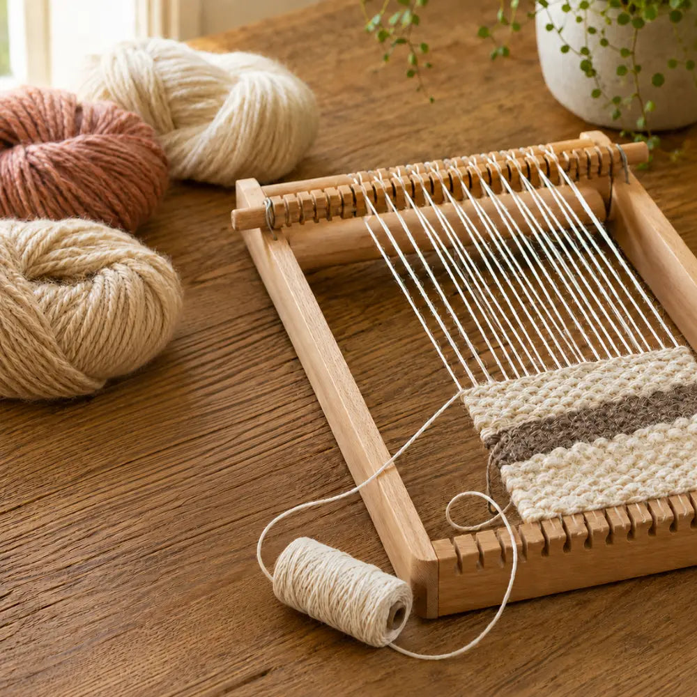 Wooden weaving loom with warp string and yarn on a wooden table