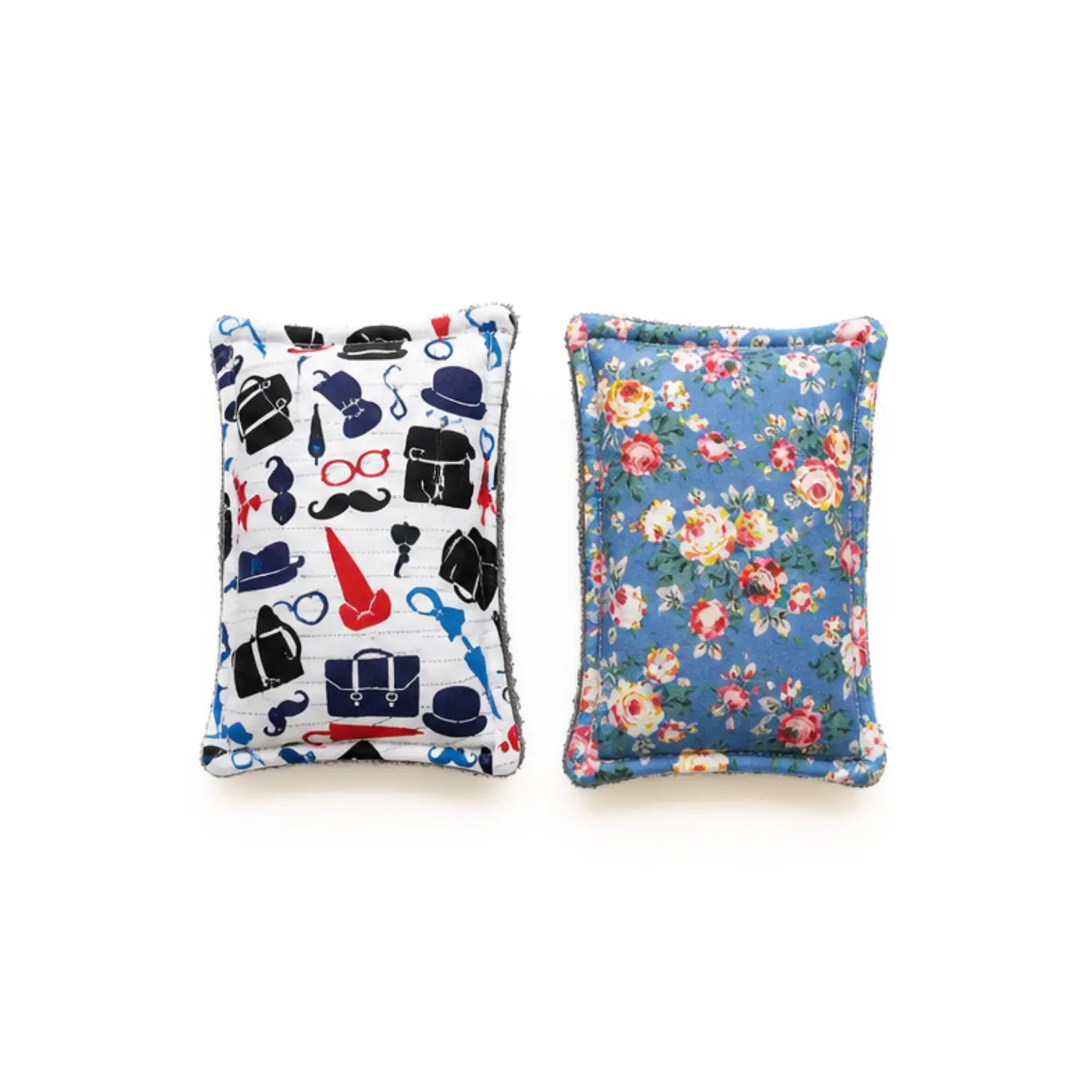 Two washable cotton and bamboo sponges in British accessories and blue floral prints