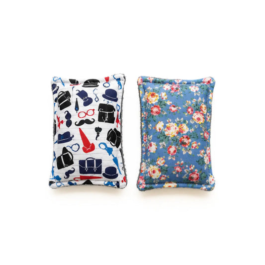 Two washable cotton and bamboo sponges in British accessories and blue floral prints