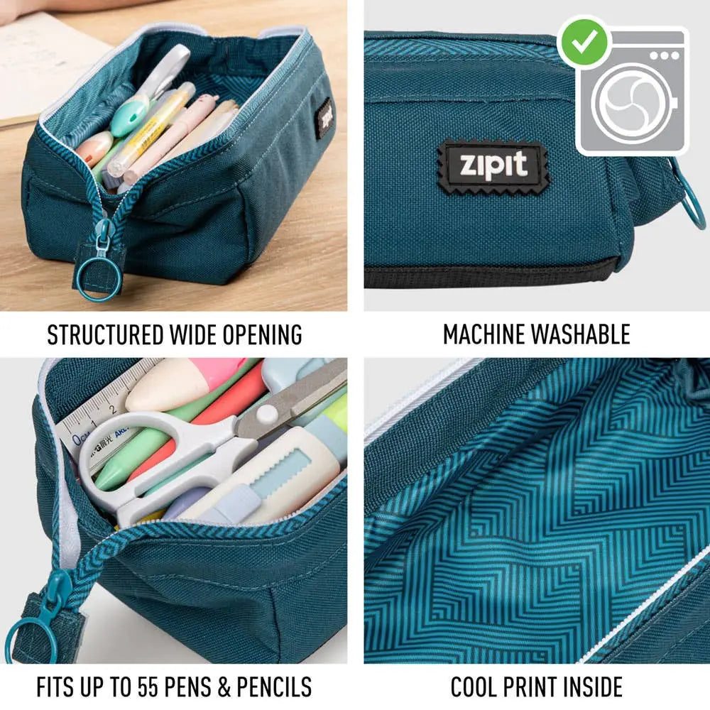 ZIPIT Lenny pencil case feature image showing wide opening, machine washable fabric, and pencil storage capacity