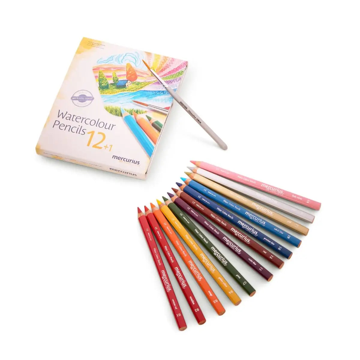 Set of watercolor pencils with a box on a white background