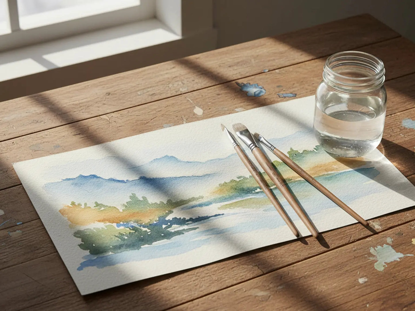 Flat watercolor paintbrushes with natural cow hair bristles beside watercolor painting on wooden table in natural light