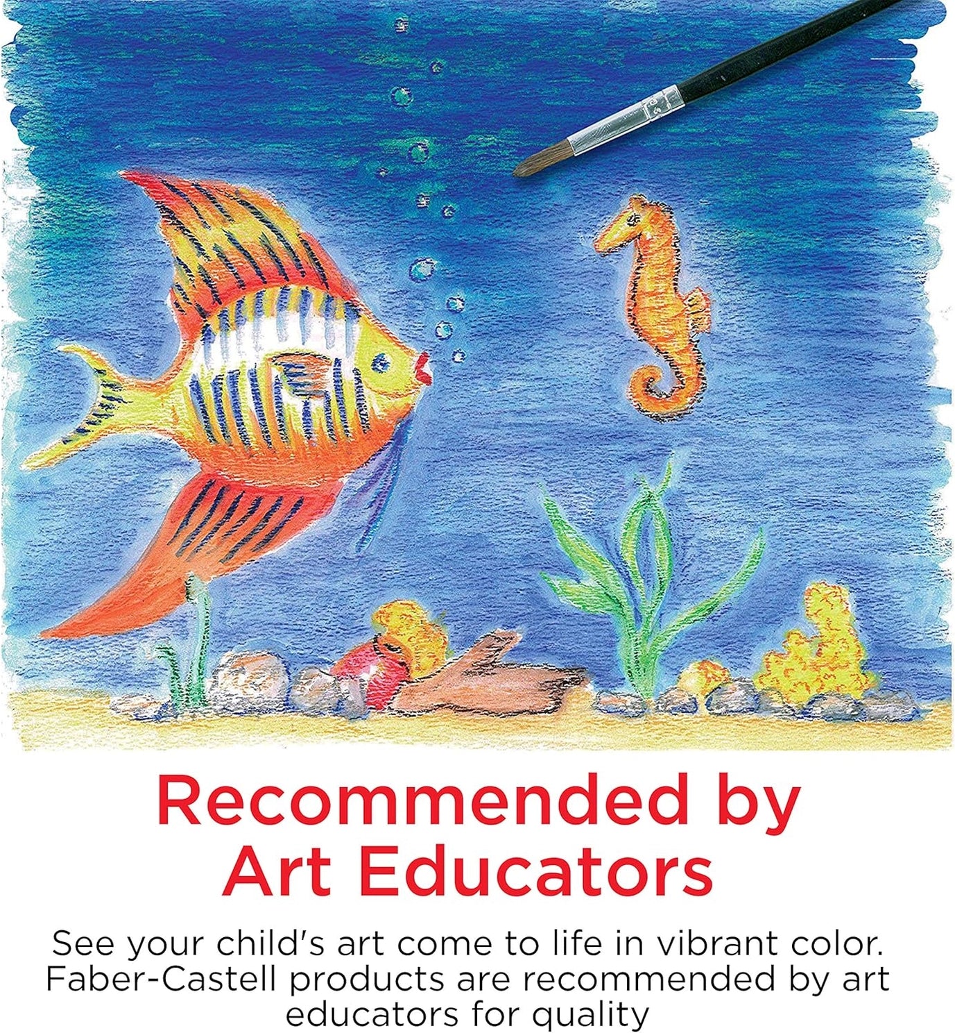 Illustration of a fish and seahorse underwater with a paintbrush, recommended by art educators.