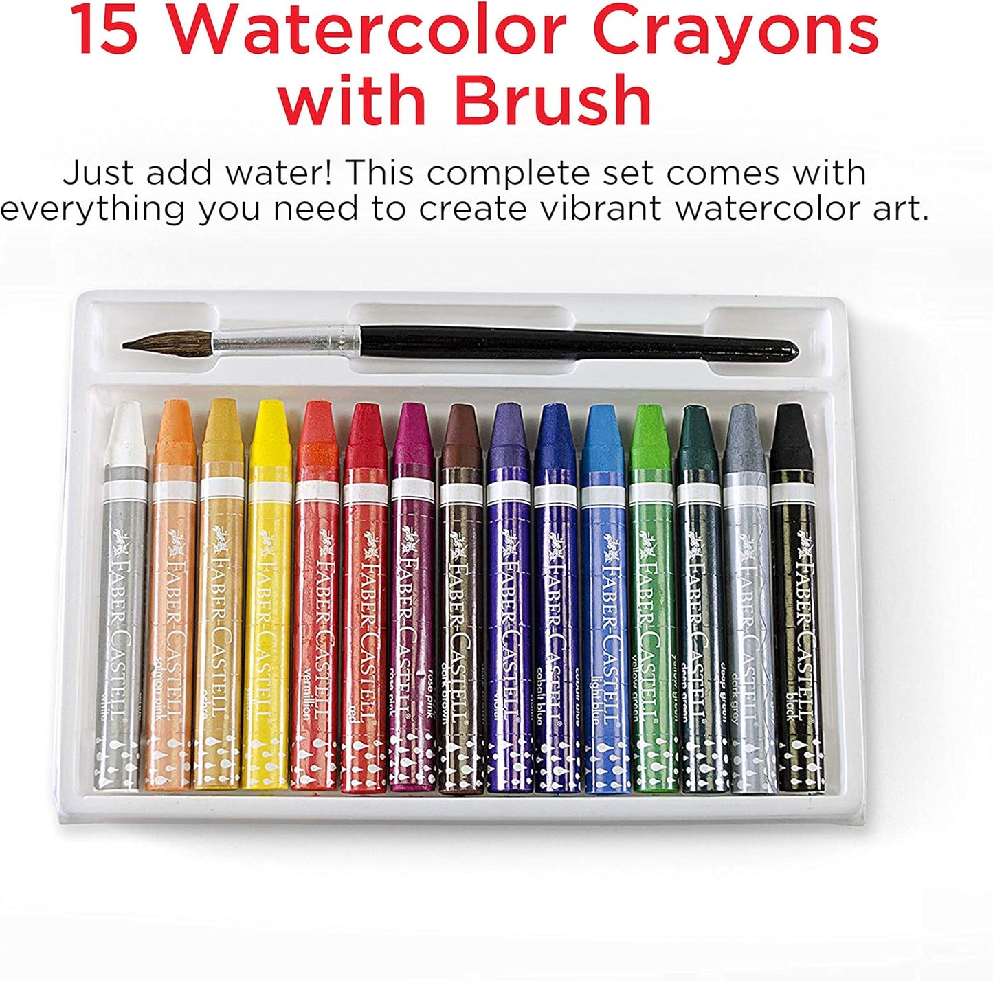Set of 15 watercolor crayons with a brush in a white case on a white background.