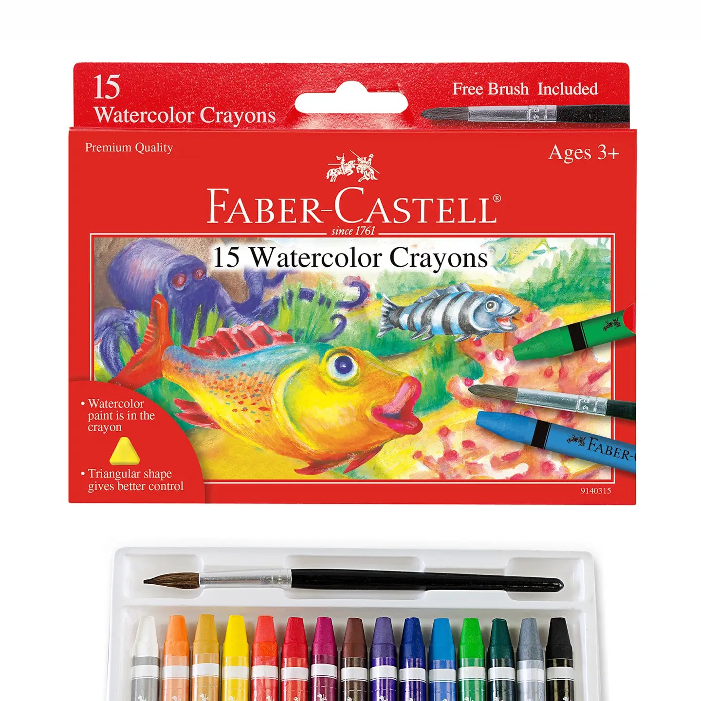 Faber-Castell watercolor crayon set with a free brush included, packaging and contents displayed.