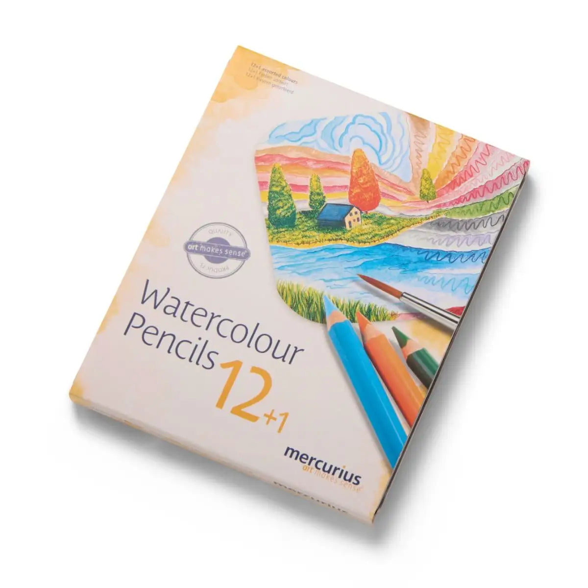 Box of mercurius watercolour pencils with a colorful illustration on a white background