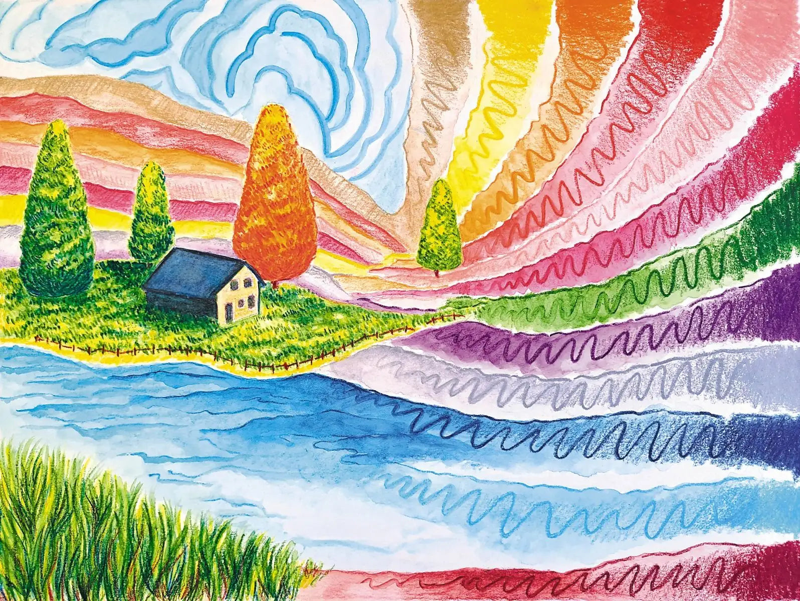 Colorful landscape with a house, trees, and a rainbow-like sky.