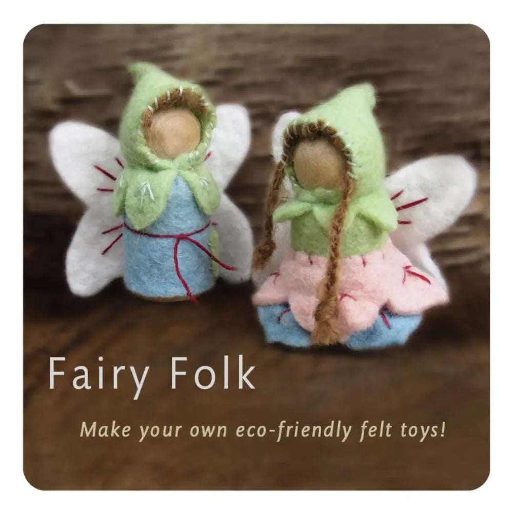 Two eco-friendly felt fairy toys with text 'Fairy Folk' and 'Make your own eco-friendly felt toys!'.