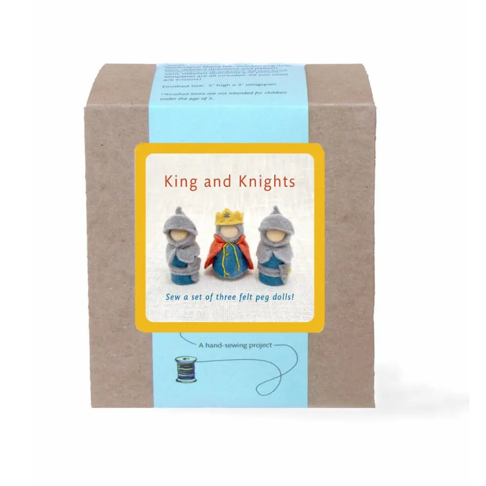 Box of King and Knights sewing kit with felt dolls on a white background