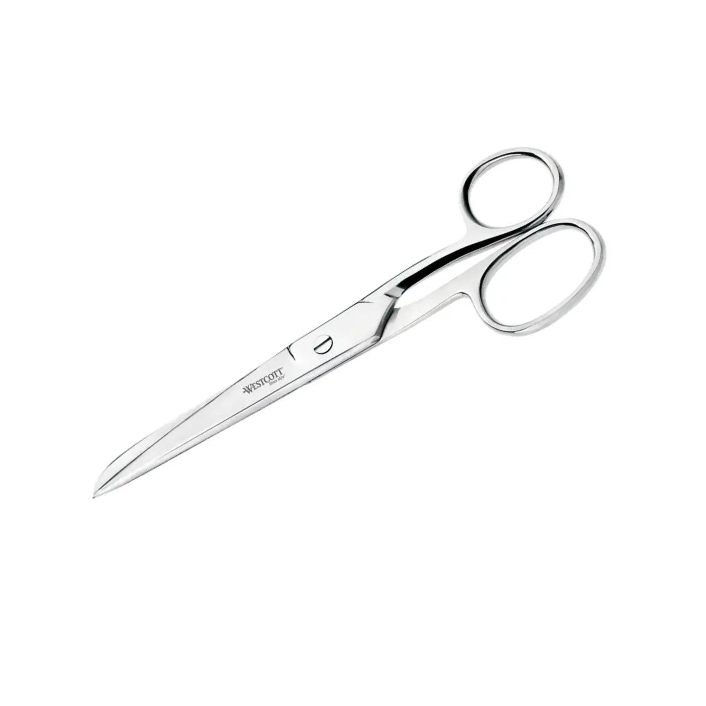Pair of silver scissors on a white background