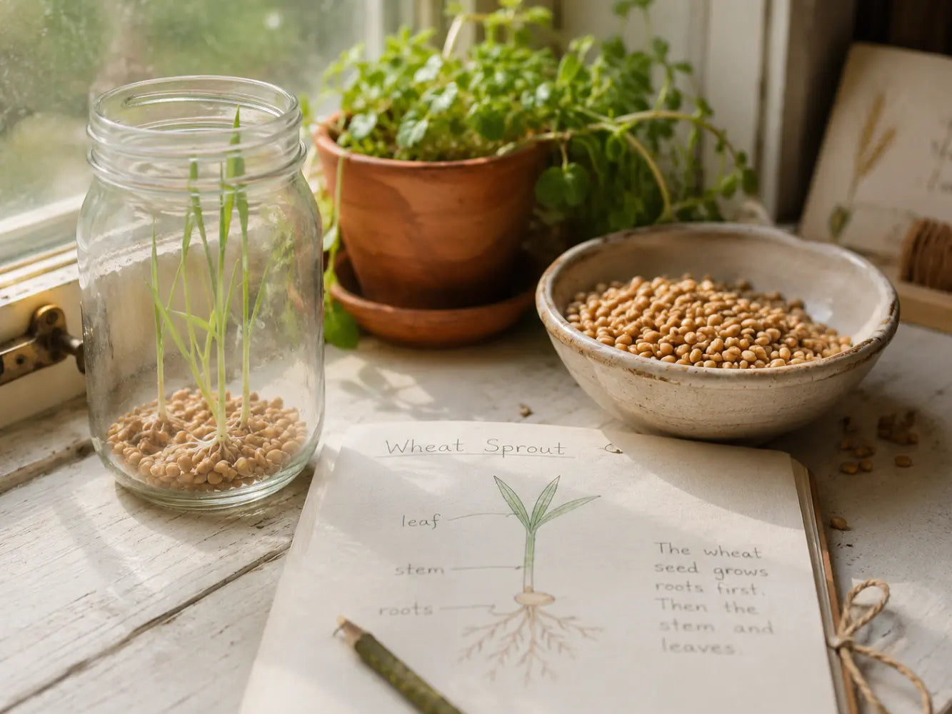 Sprouting wheat berries in a glass jar on a sunny windowsill with a child’s nature study drawing of wheat growth.