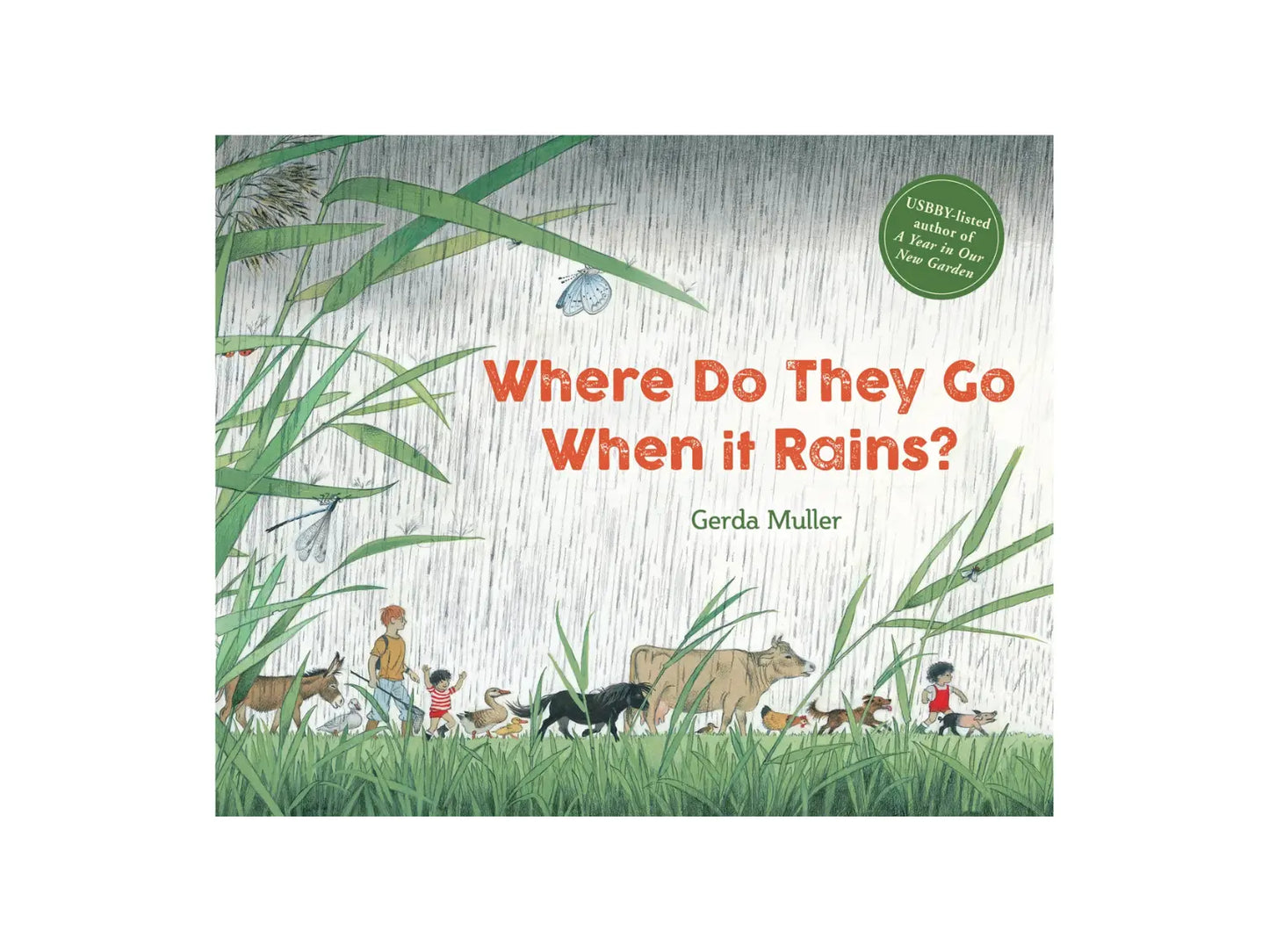 Book cover of 'Where Do They Go When it Rains?' by Gerda Muller with illustrations of children and animals in a rainstorm.