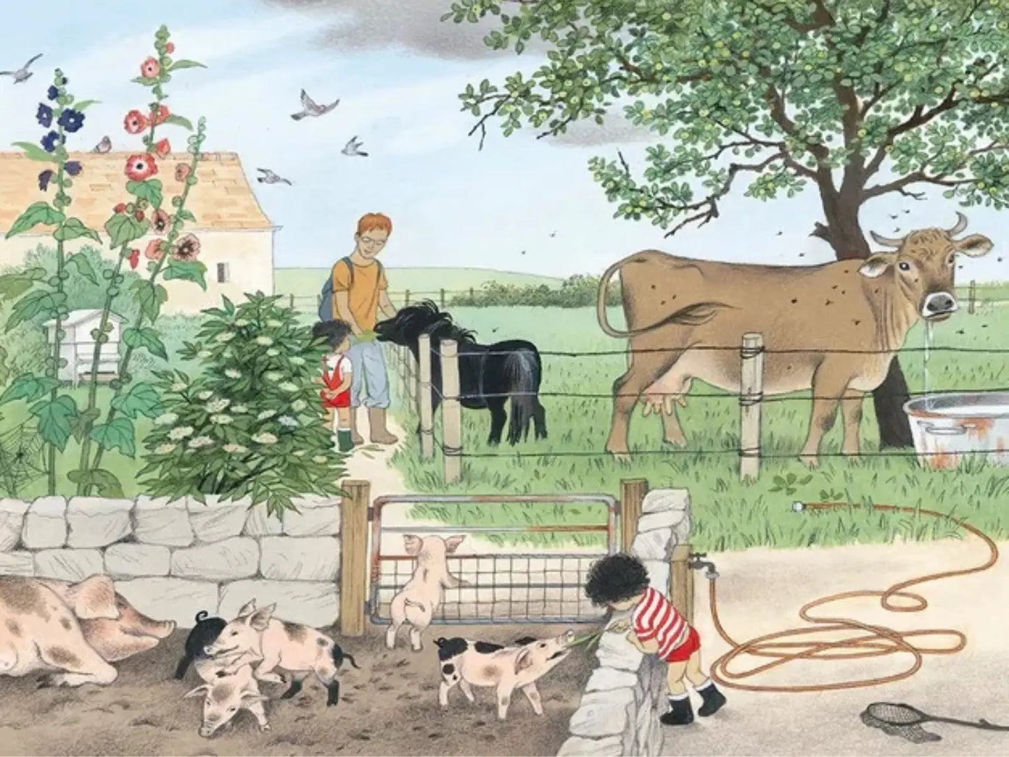 Illustration of a farm scene with animals and people.