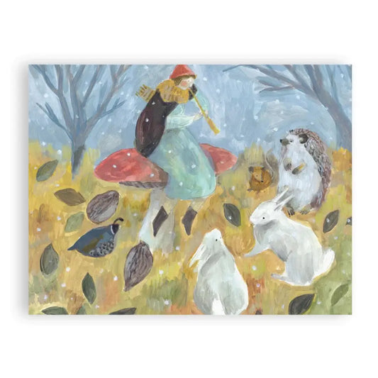 A small fairy folk dressed in winter clothing sits on a mushroom playing a flute surrounded by forest animals 