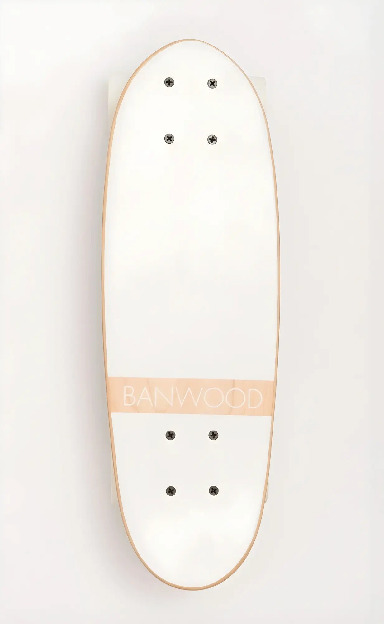White skateboard deck with 'Banwood' branding on a white background