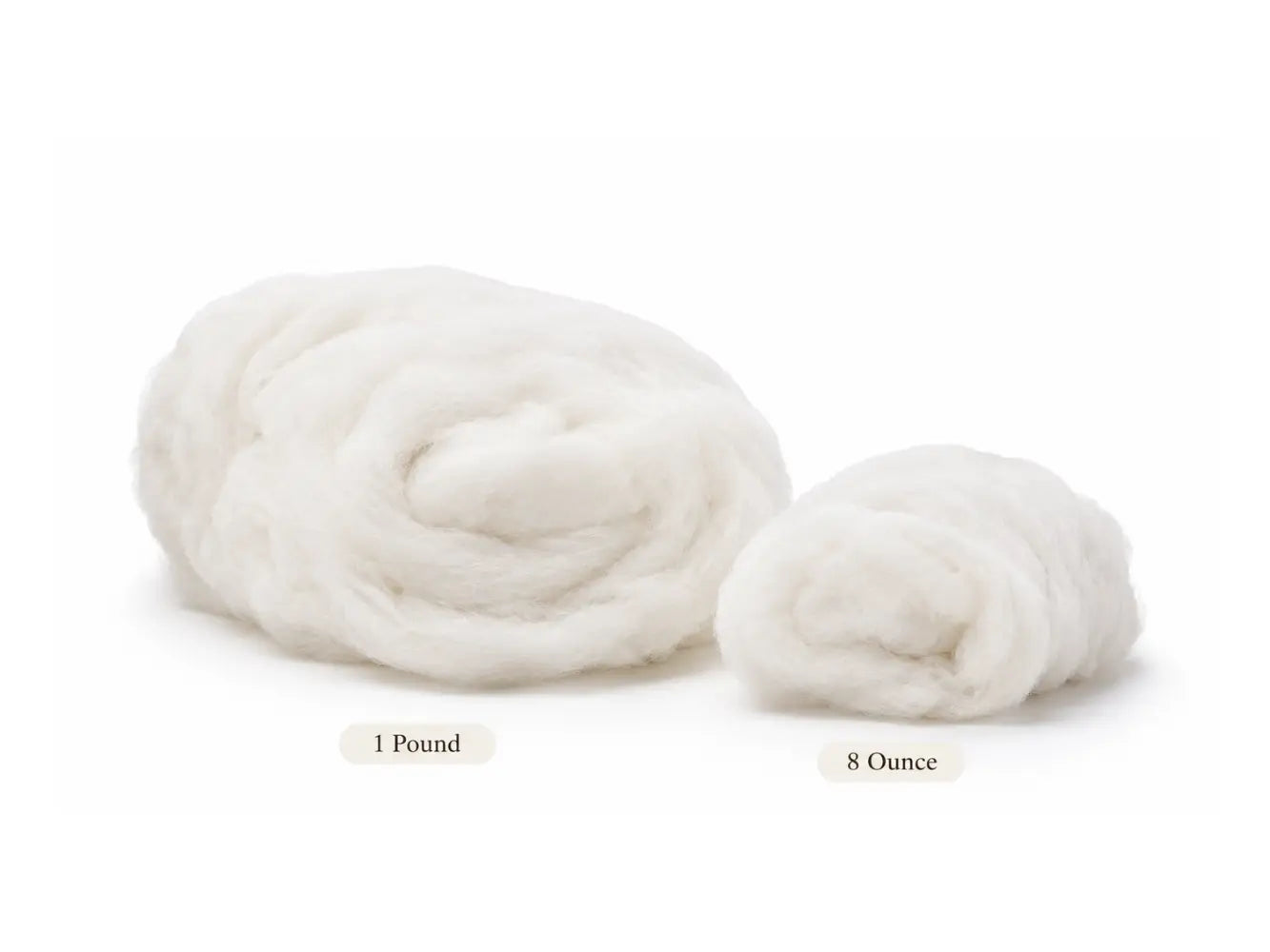 White Corriedale core wool batting shown in two sizes for doll stuffing, toy making, and felting crafts.