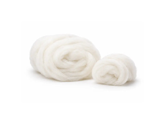 White Corriedale core wool batting shown in two sizes for doll stuffing, toy making, and felting crafts.