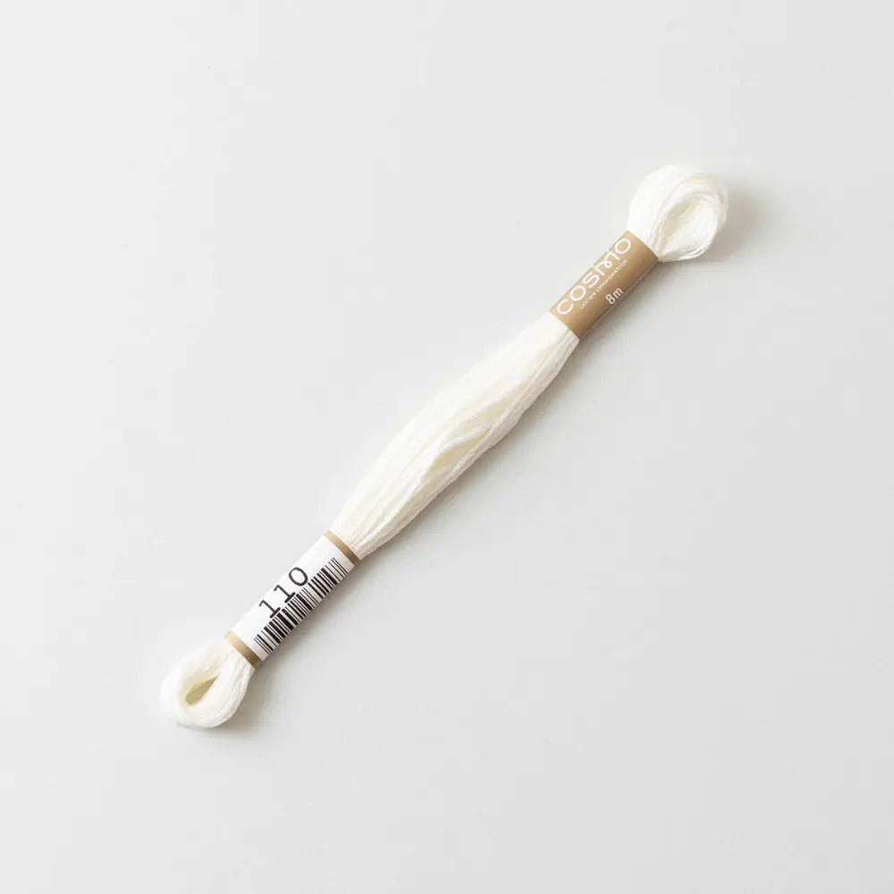 Soft white cotton embroidery floss and 'Cosmo' branding on a light gray background
