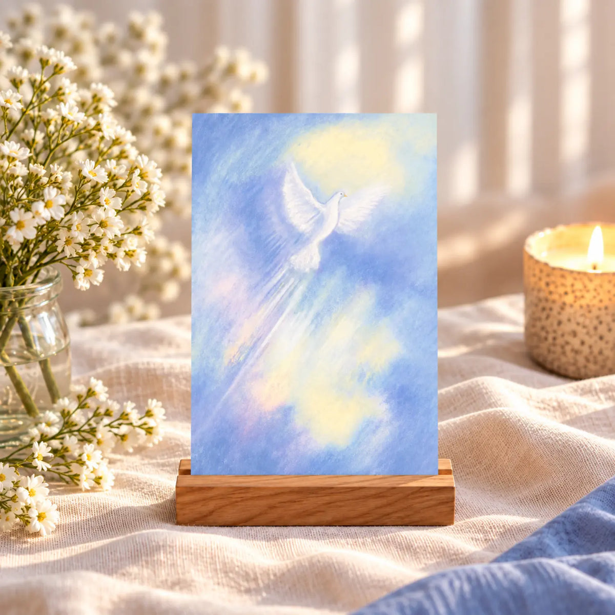 Spirit white dove postcard by Marjan van Zeyl displayed in a wooden holder with delicate white flowers, natural linen, and a glowing candle.