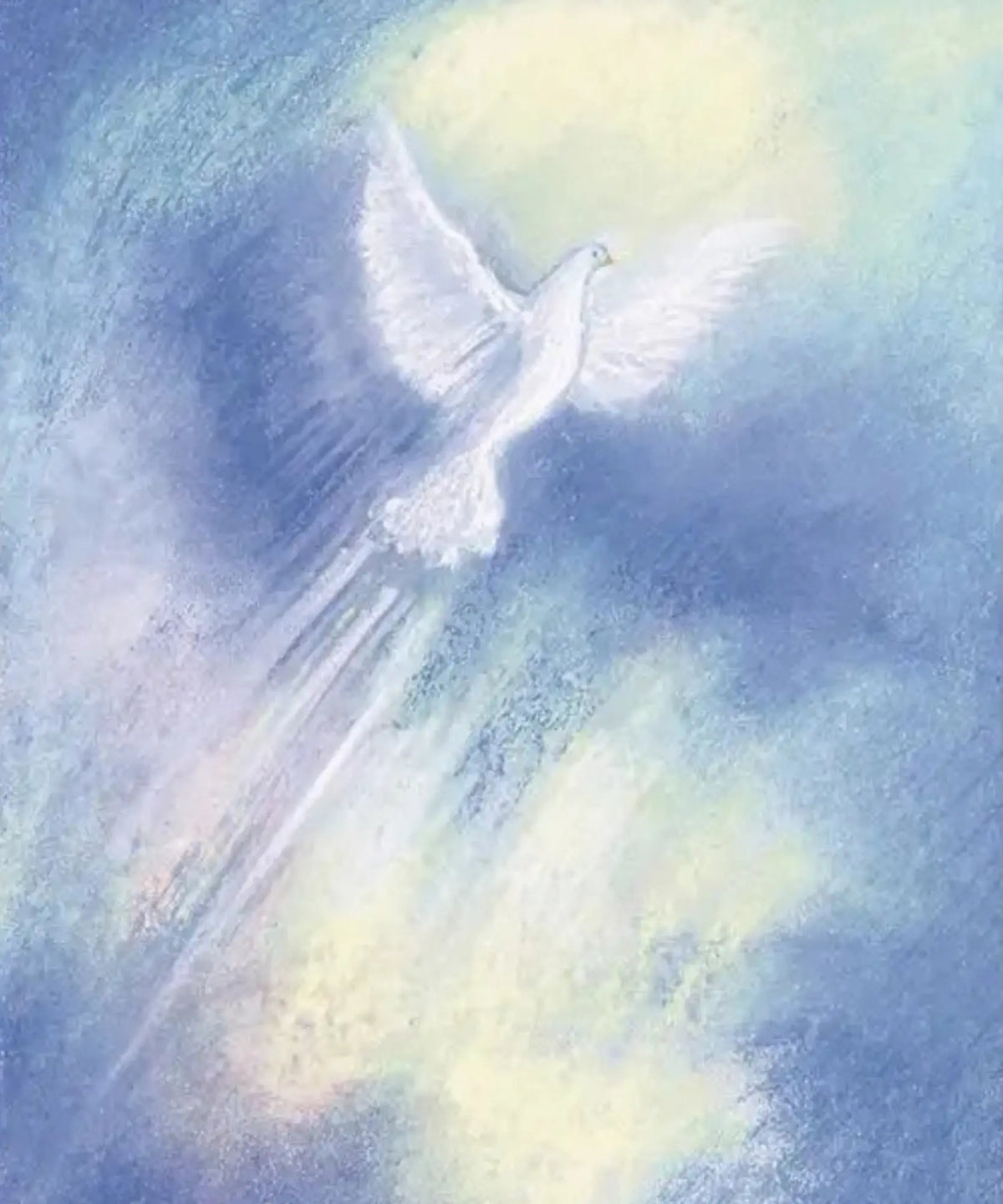 Spirit white dove soaring through a soft blue and lavender sky postcard by Marjan van Zeyl 
