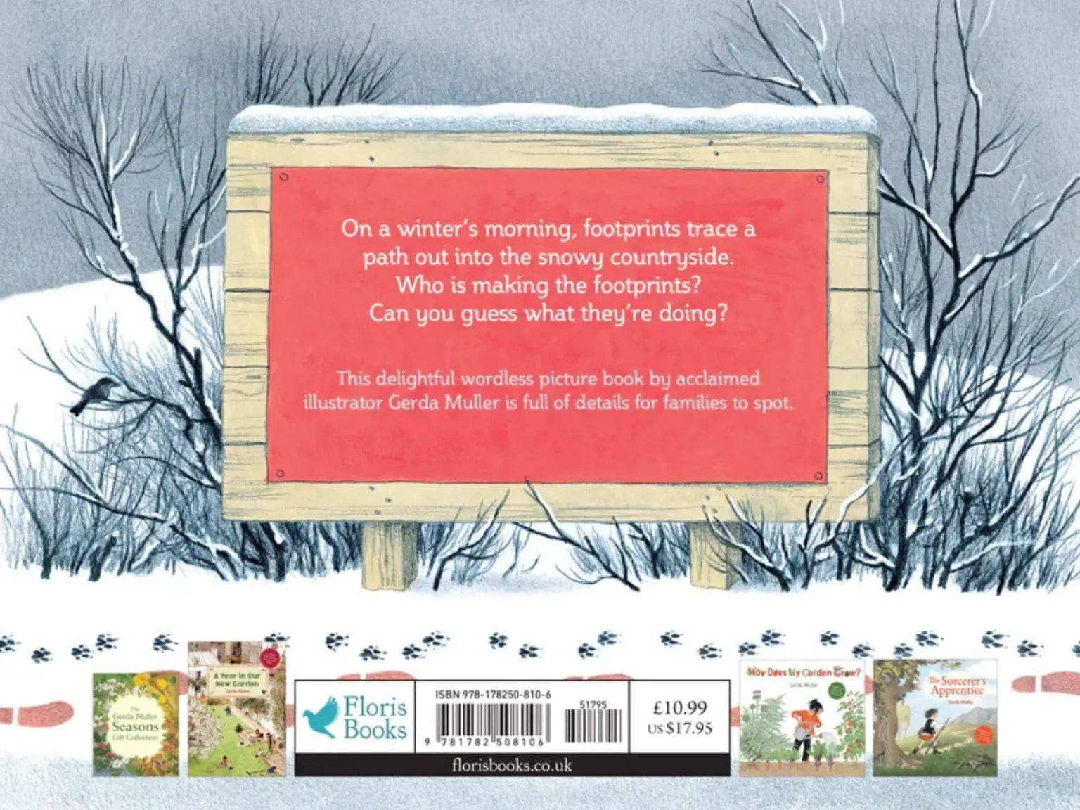 Book cover with a snowy landscape and wooden sign, featuring text about footprints.
