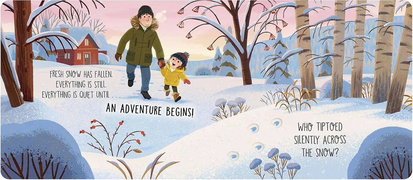 Illustration of two children holding hands in a snowy landscape with trees and a cabin.