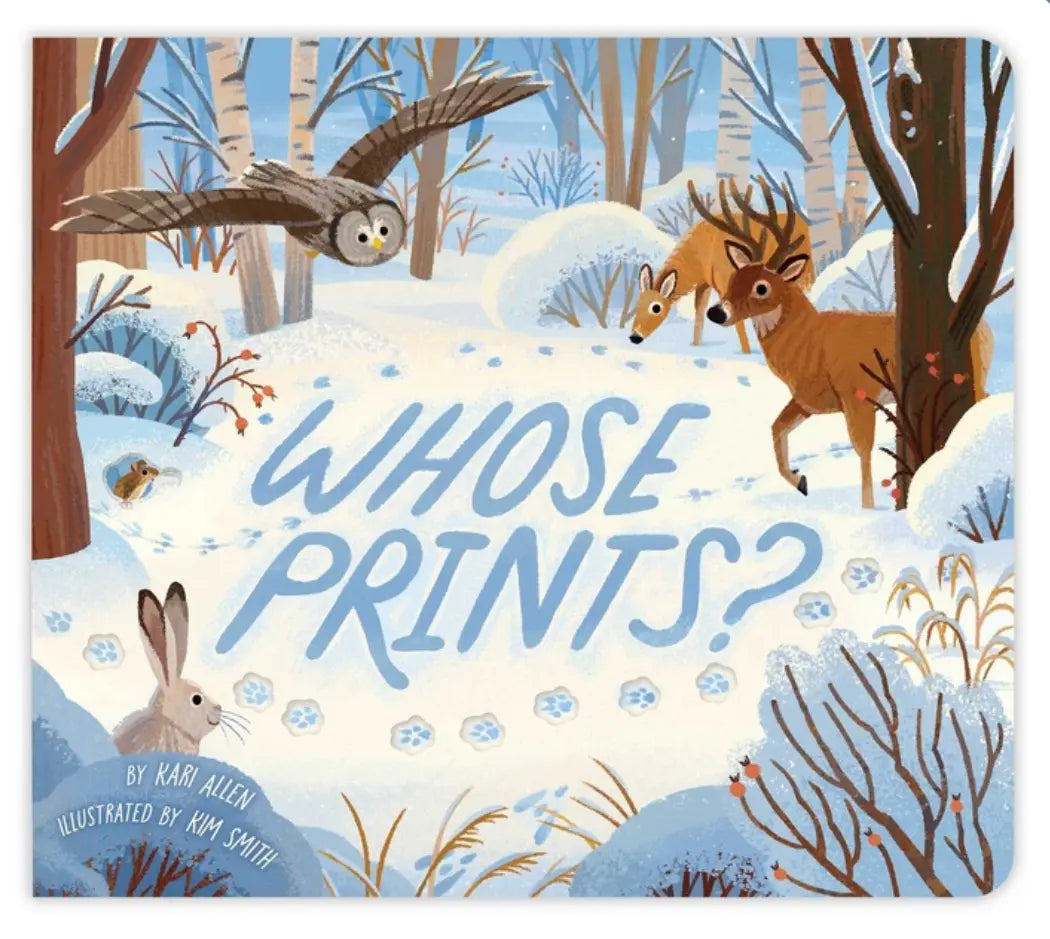 Book cover of 'Whose Prints?' with winter forest scene and animals.
