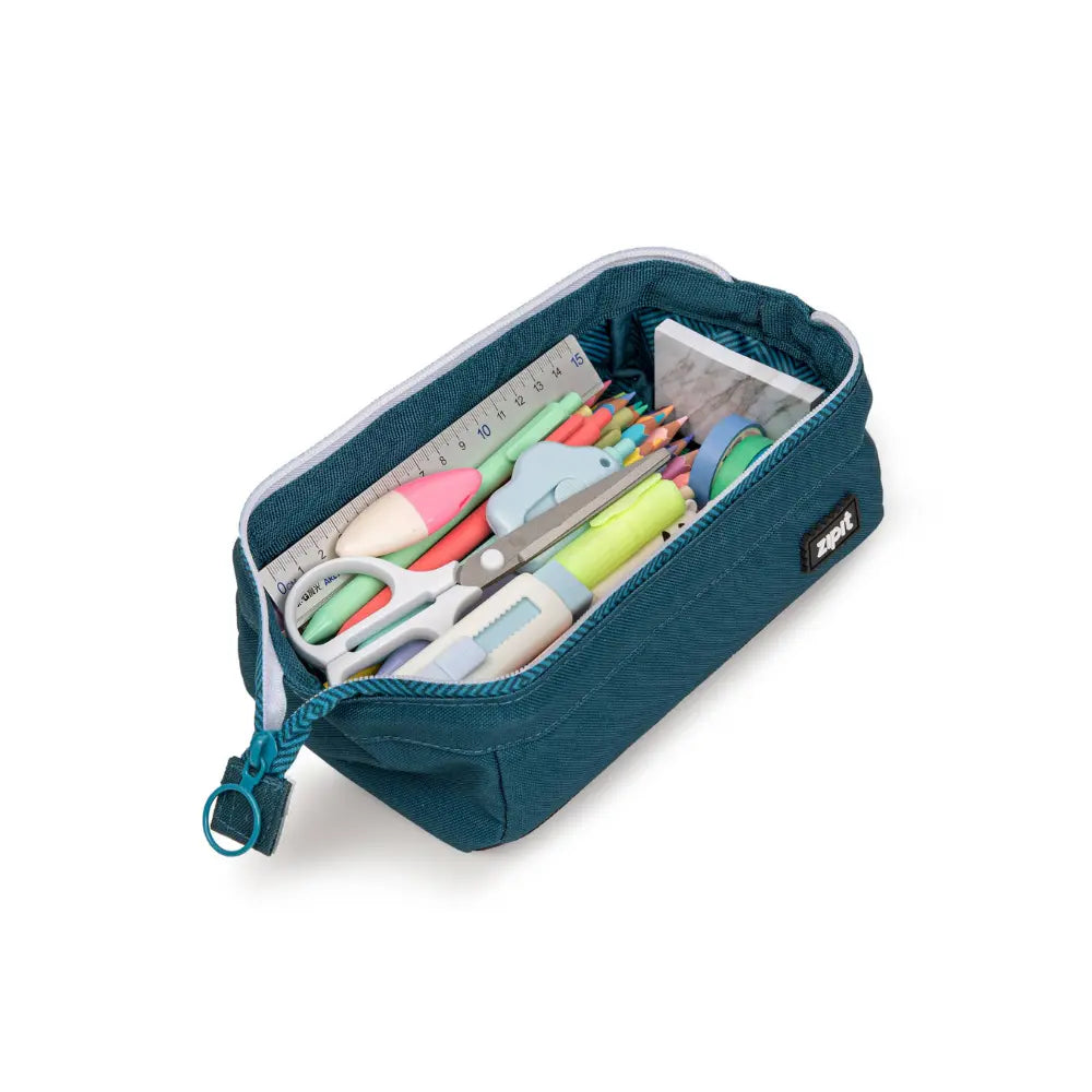 Teal roomy pencil case with structured opening for pencils, pens, scissors, and small school tools