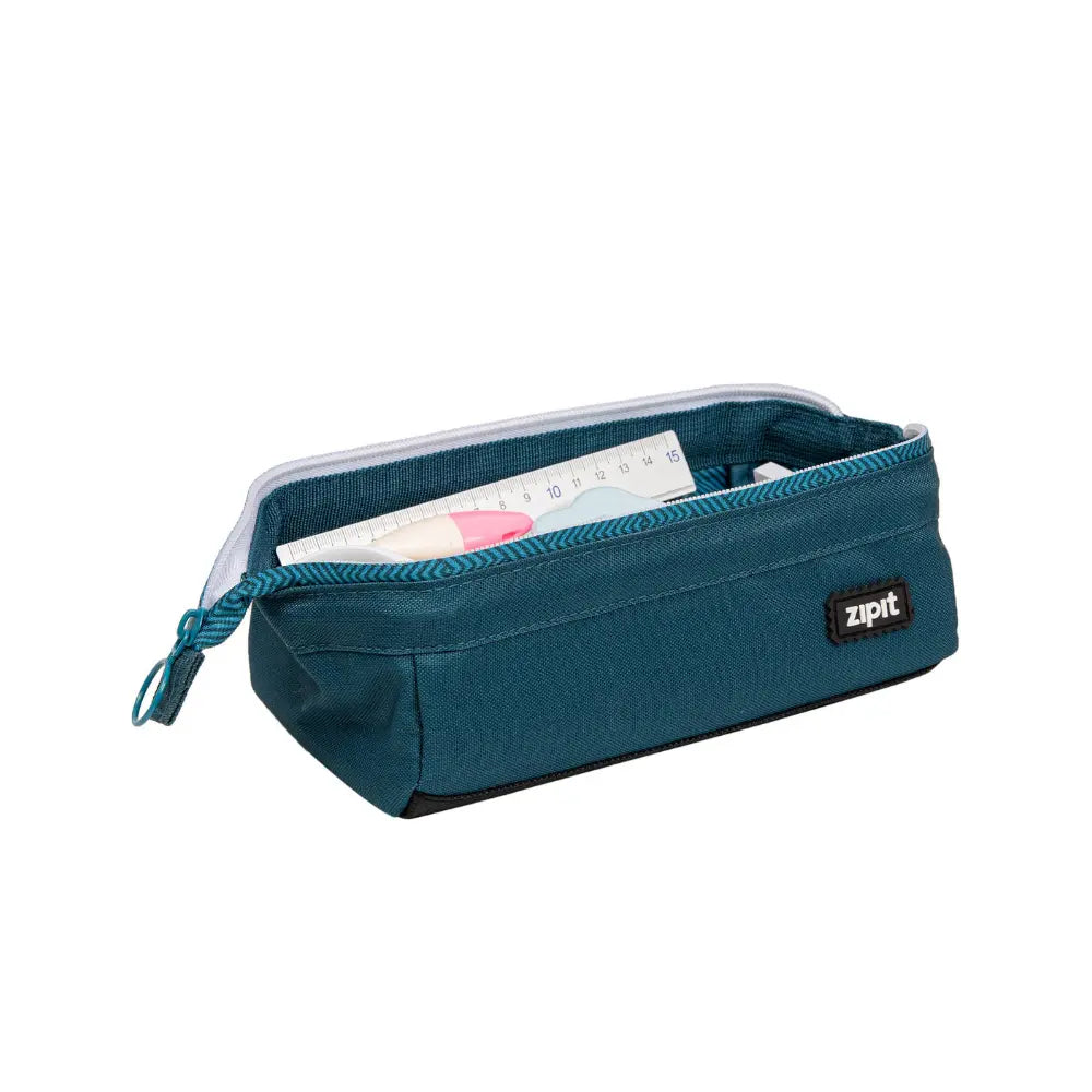 Teal roomy pencil case with structured opening for pencils, pens, scissors, and school tools