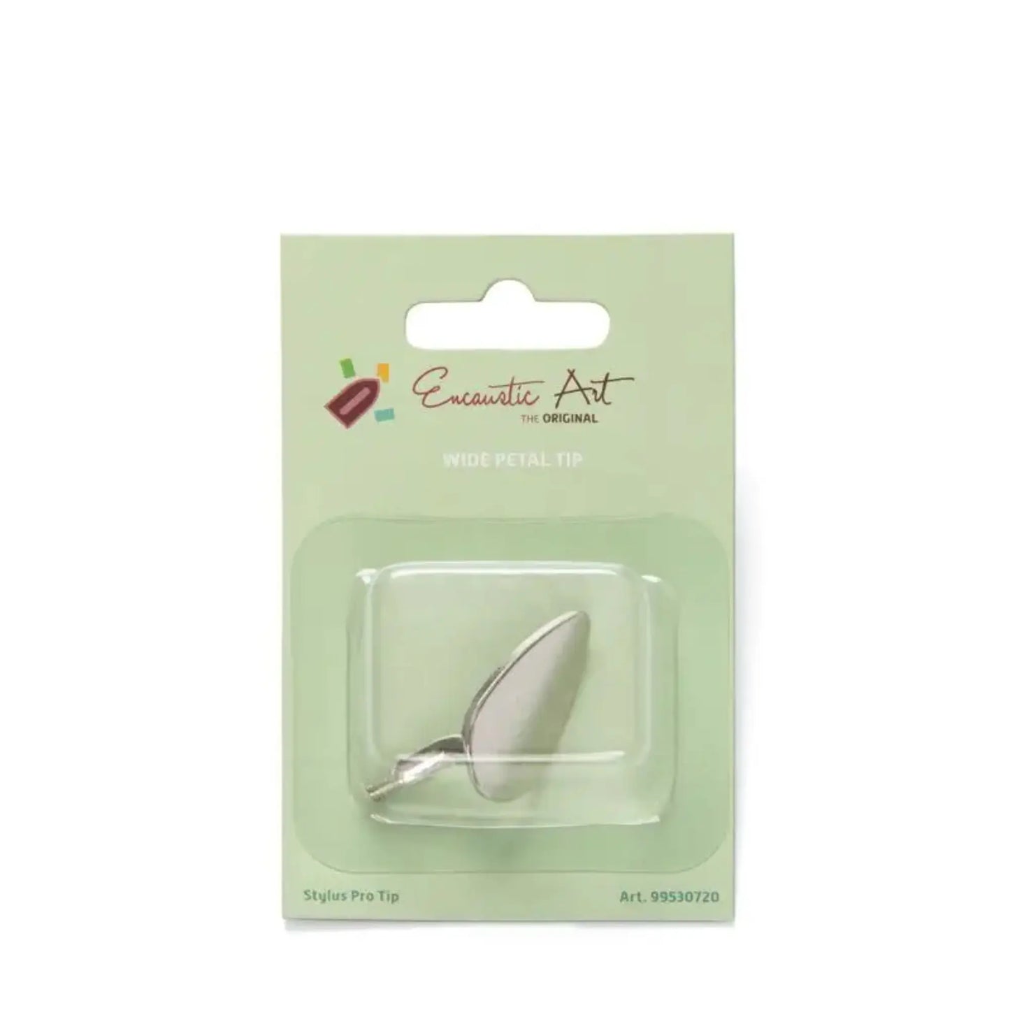 Metal Encaustic Art Tip called a Wide Petal Tip for Stylus Pro on its side in retail packaging with a mint green background