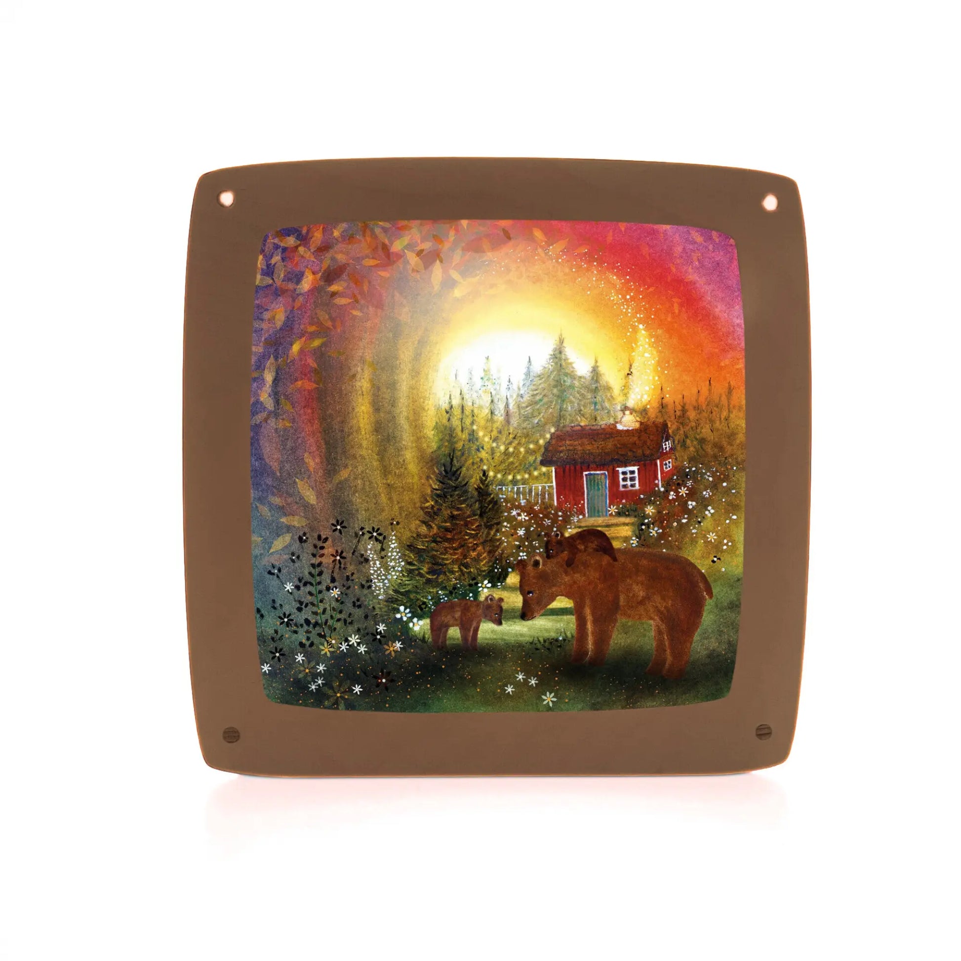 Toverlux Lamp Plate by Dutch artist of Sunset, Bear with cubs, forest trees and a home in the background in wooden frame