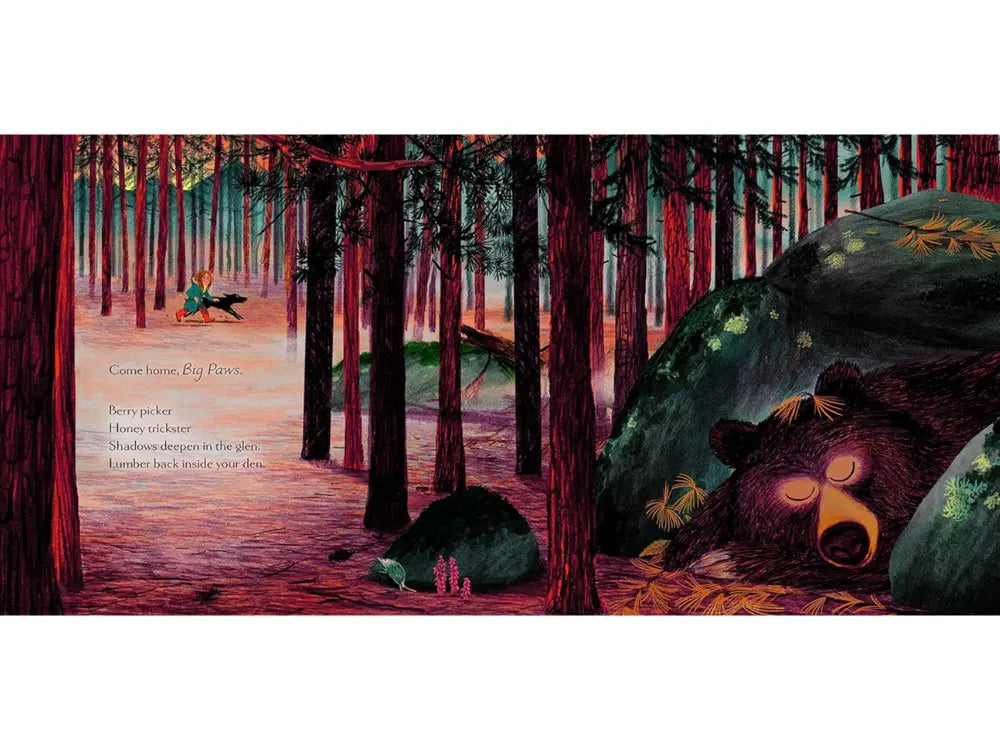 Illustration of a forest scene with animals and a glowing object.