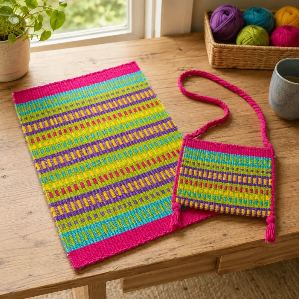 Finished Wildflower Lap Loom weaving projects by Friendly Loom shown on a wooden table in natural light, including a small woven bag and matching woven mat