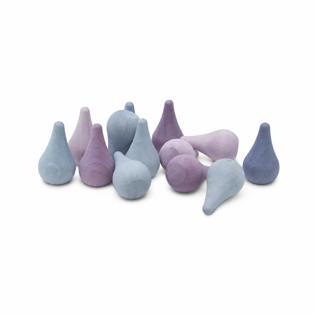 Wooden raindrop shapes stained in winter blues, lilacs, and purples with visible wood grain