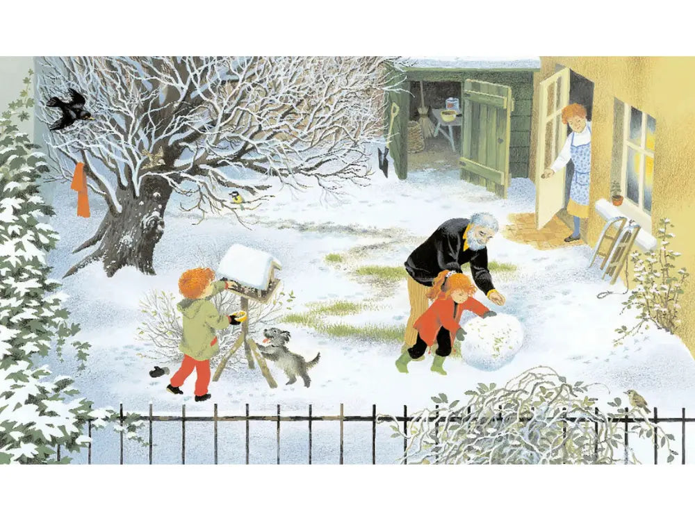 Winter scene with people and a dog in a snowy yard.