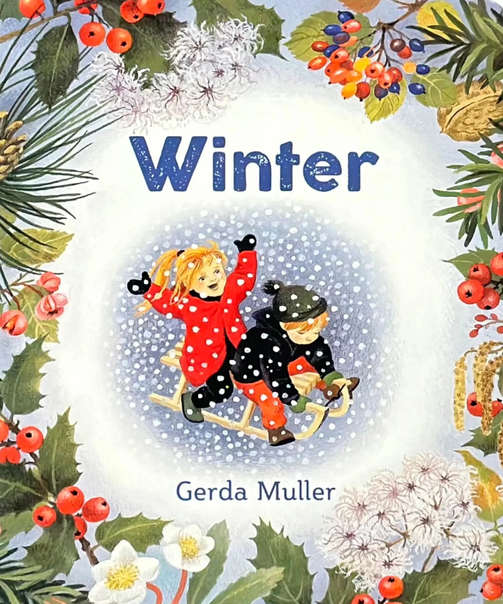 Book cover of 'Winter' by Gerda Muller with two children on a sled surrounded by winter elements.