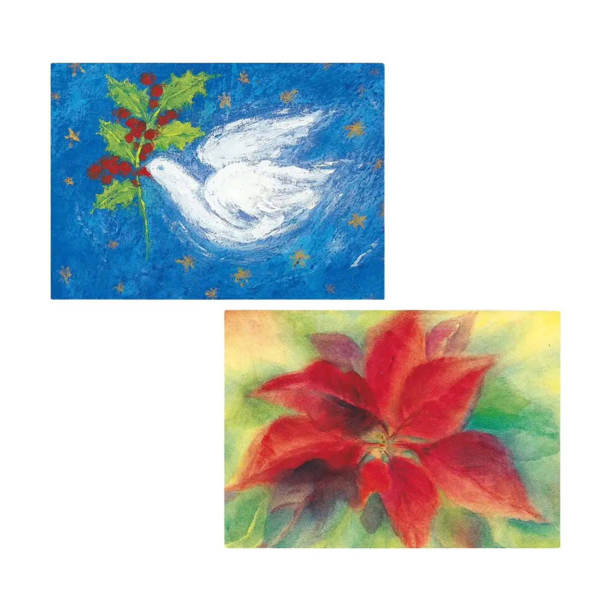 Two Marjan van Zeyl Christmas art postcards featuring a white dove carrying holly against a blue sky and a red poinsettia flower in soft seasonal colors.